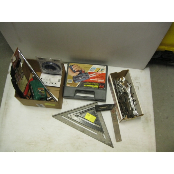 MISC. WRENCHES, SQUARES, ETC. & BOX W/SOLDERING GUN, GRINDER, DISC, ETC.