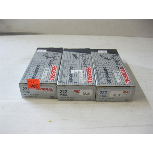 3 BOXES OF REMINGTON .222 RELOADED SHELLS