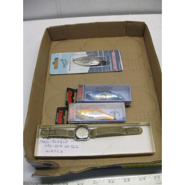 LOUIS VUITTON WATCH & 3 NEW FISHING LURES