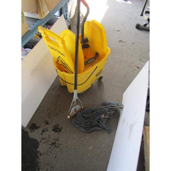 MOP BUCKET W/SQUEEGEE, SIGN & MOP