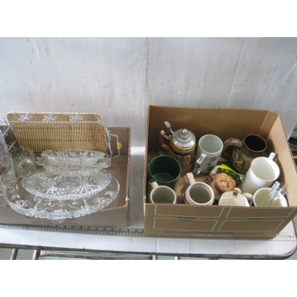 2 BOXES OF MISC. SERVING TRAYS, MUGS, ETC.