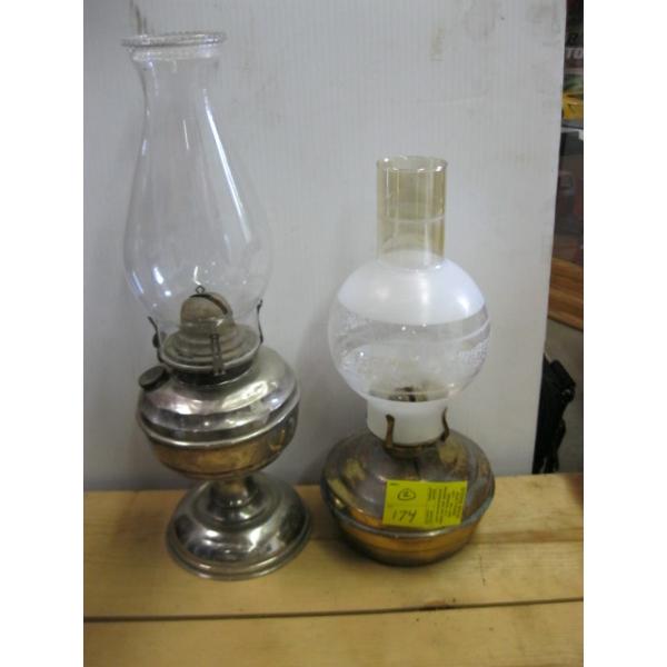 2 METAL BASED OIL LAMPS W/SHADES