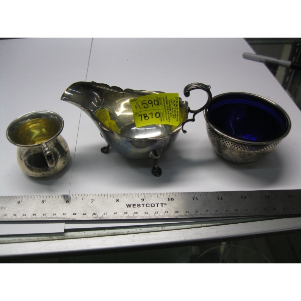 STERLING SILVER GRAVY BOAT, BOWL W/BLUE GLASS INSERT & BABY CUP