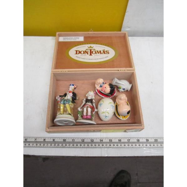 WOODEN CIGAR BOX W/ASST. FIGURINES, MADE IN OCCUPIED JAPAN