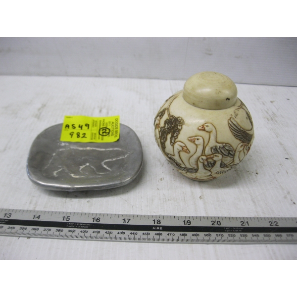 METAL DISH & A SM. LIDDED VASE