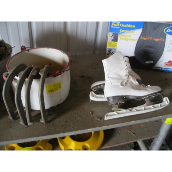 MISC. HORSESHOES, SKATES, ENAMEL POT