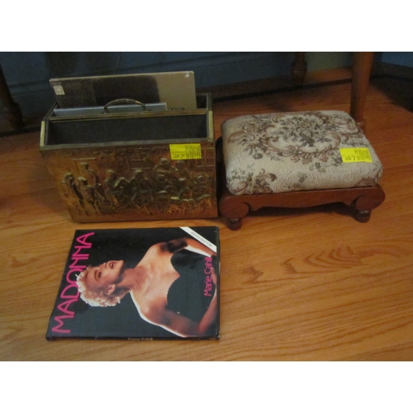 MISC. BRASS MAGAZINE BOOK HOLDER & SM. STOOL & ASST. BOOKS