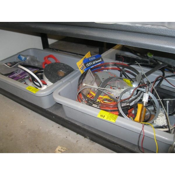 2 BINS OF MISC: TIMER SWITCH, WEATHER STRIPPING, ETC.