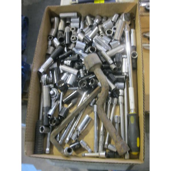 BOX OF ASST'D 3/8" SOCKETS, RATCHETS, ETC.