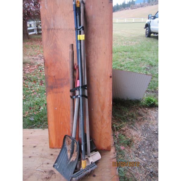 BUNDLE OF ASST. BROOMS, SHOVEL, ETC.