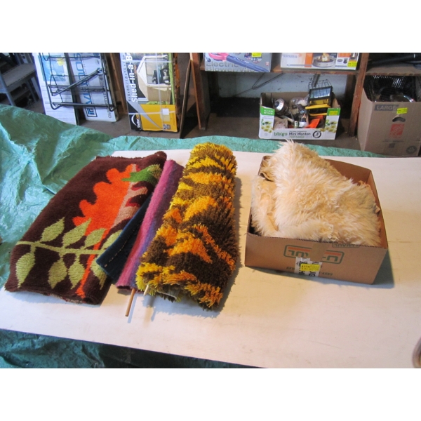 BOX OF ASST. HOOK RUGS, MCM SHAG CARPET, WALL HANGINGS, ETC.