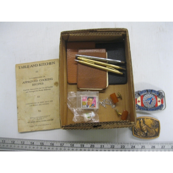ASST. COLLECTABLES: BELT BUCKLES, PENS, STAMP, ETC.