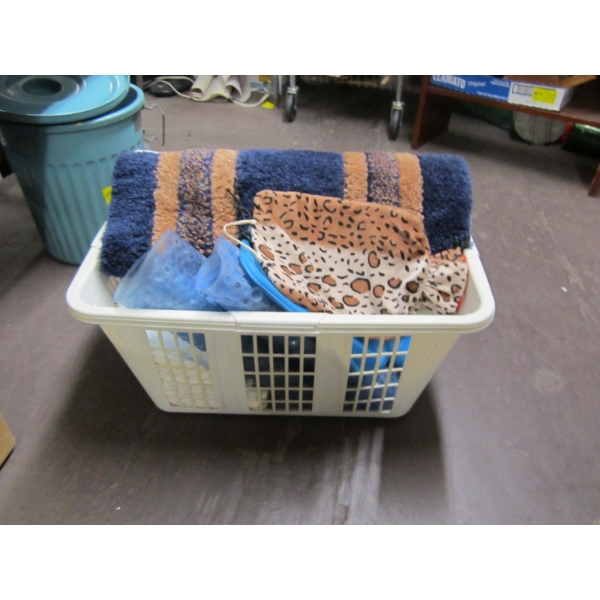 2 CONTAINERS OF MISC. TOWELS, FLOOR MATS, BLOW DRYER, BP MONITOR, ETC.