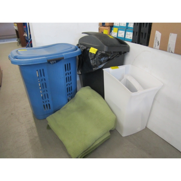 MISC. LAUNDRY HAMPER, BEDDING, GARBAGE CANS, ETC.