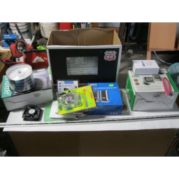 BOX OF NEW COMPUTER ITEMS - DIGITAL VIDEO SENDER, DVD REWRITER, ETC.