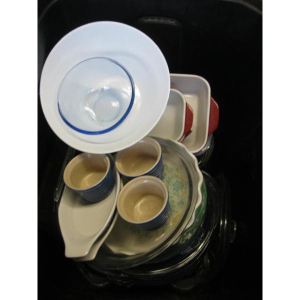 BIN W/ASST. GLASS BAKING DISHES, ETC.