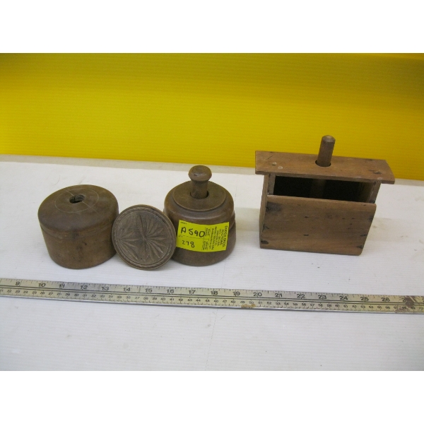 2 ROUND WOODEN BUTTER PRESSES & A RECTANGULAR BUTTER PRESS