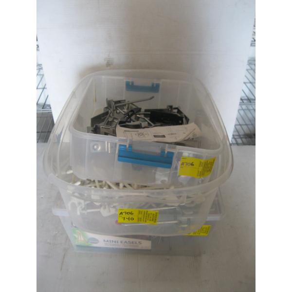 2 PLASTIC CONTAINERS OF HOOKS, PICTURE HOLDERS, PLATE HOLDERS, ETC.