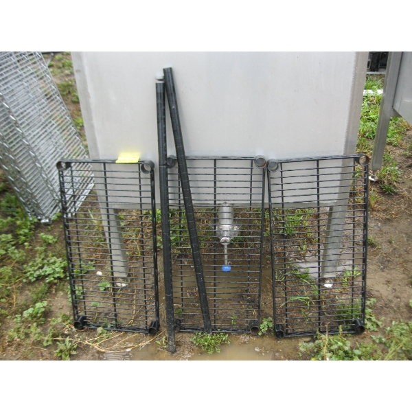 3 ULINE BLACK METAL SHELVES & 2 UPRIGHTS