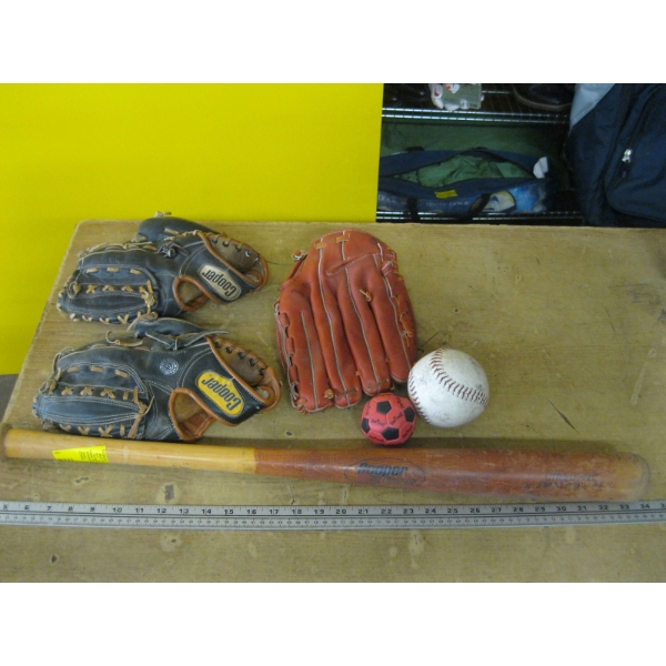 3 BASEBALL GLOVES, BAT & BALLS