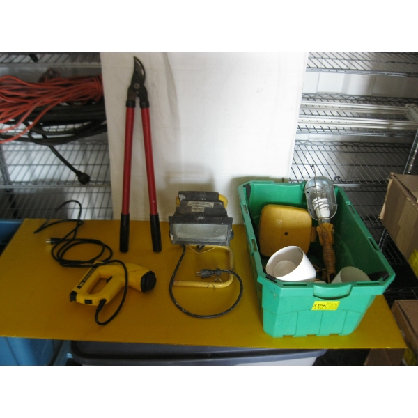 GREEN TUB OF LIGHTS, BRAD NAILER, TROUBLE LIGHT, ETC.
