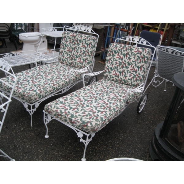 2 WROUGHT IRON PATIO LOUNGE CHAIRS W/CUSHIONS