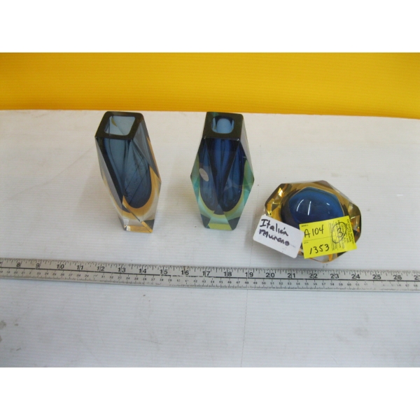 3 MURANO GLASS PIECES - 2 VASES & A DISH