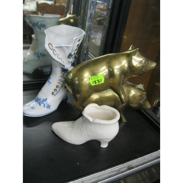 BRASS PIGS & 2 CERAMIC BOOTS