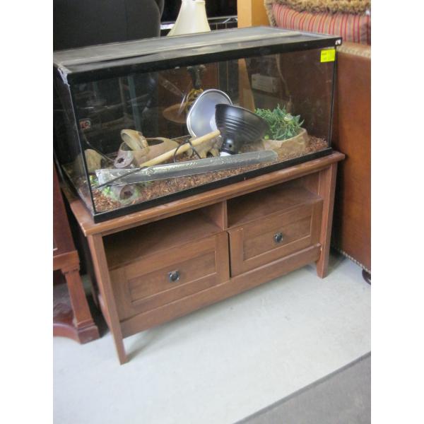 TERRARIUM REPTILE TANK W/ASST. ITEMS - HEAT LAMPS, ETC. & DUAL DRAWER STAND
