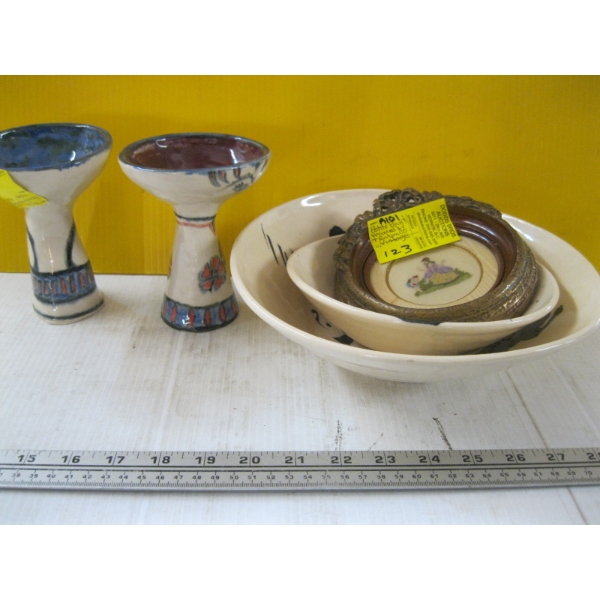 HAND MADE CERAMIC CANDLE HOLDERS, 2 AMY BOLLARD POTTERY BOWLS & PETITE POINT PICTURE