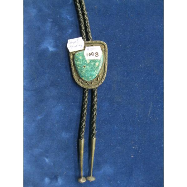 SILVER & TURQUOISE SIGNED STERLING BOLO TIE