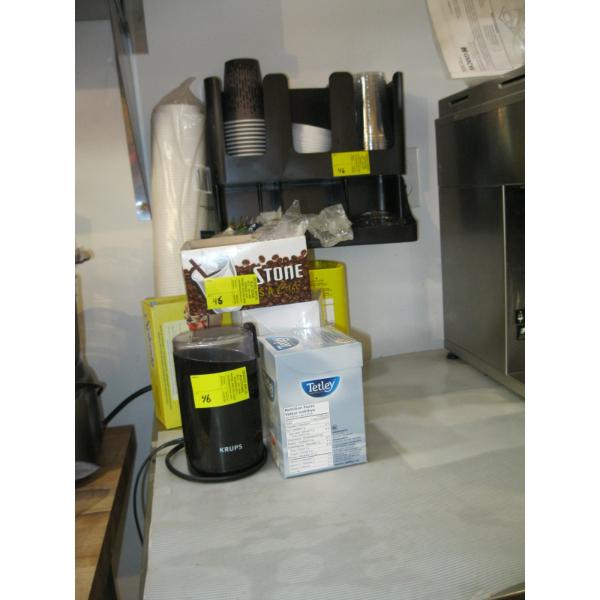ASST. COFFEE ITEMS, SERVICE SHELF, STIR STICKS, SPOONS, ELECTRIC GRINDER, ETC.