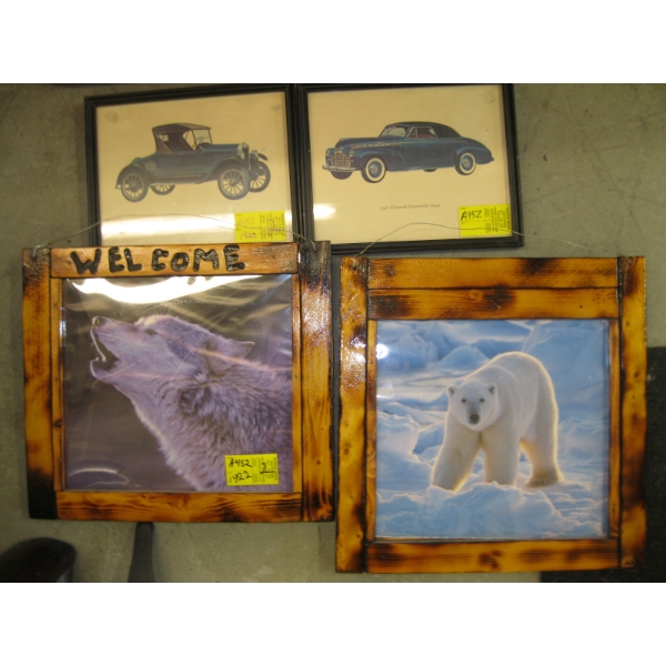 4 FRAMED PICTURES - WOLF, BEAR & 2 CARS
