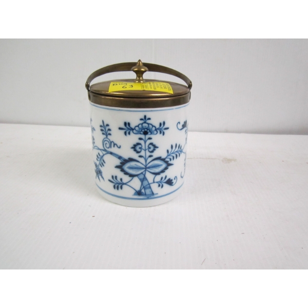 BISCUIT CERAMIC JAR W/BRASS LID & HANDLE
