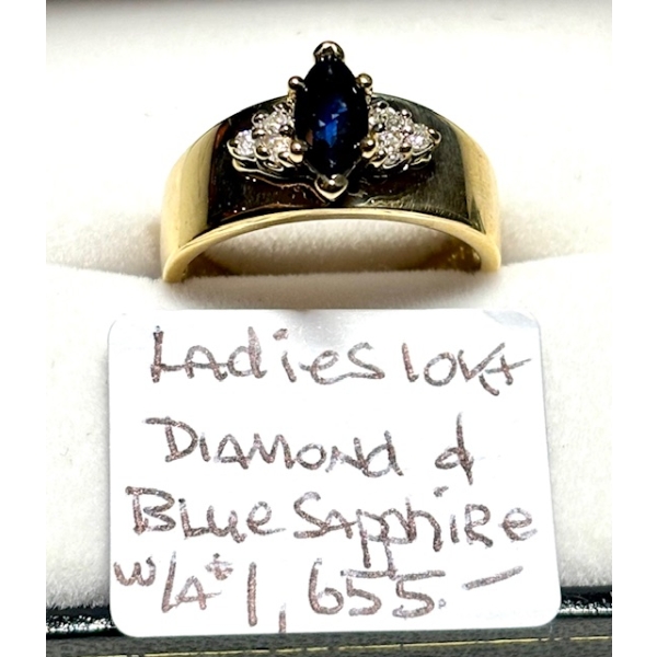 LADIES 10KT DIAMOND & BLUE SAPPHIRE RING W/A $1,655, SZ 7 3/4