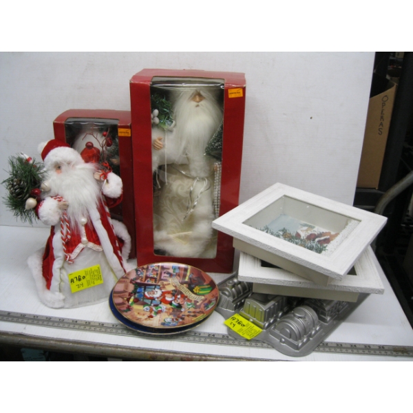 MISC. CHRISTMAS FIGURINES, TRAIN MUFFIN MOULD, COLLECTOR PLATES, ETC.