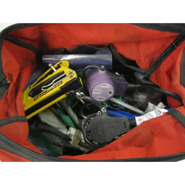 MILWAUKEE BAG W/ASST. TOOLS, RV PLUG, ETC.