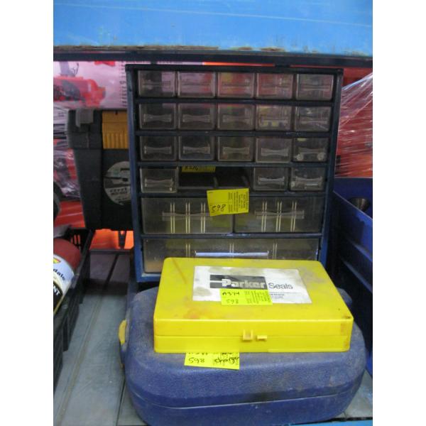 MISC. LINCOLN GREASE GUN (NO CHARGER), SEAL KIT, PLASTIC TOOLBOX, ETC.
