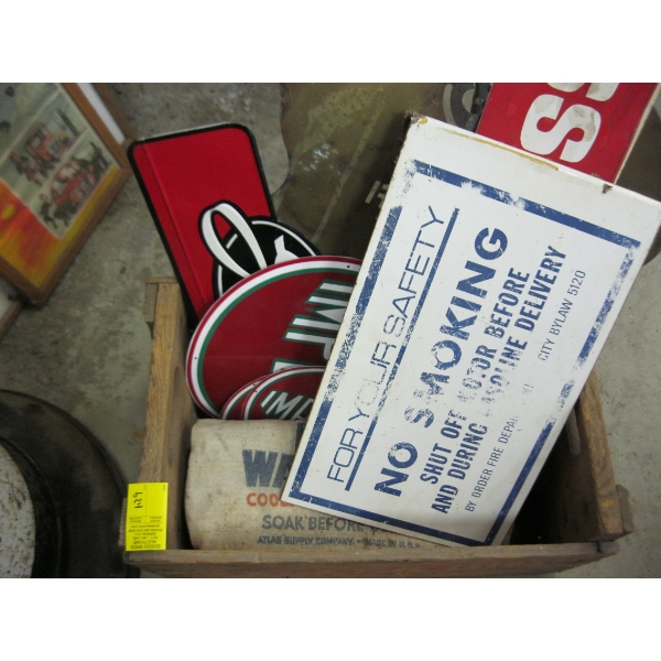 WOODEN CRATE W/ASST. SIGNS - IMPERIAL, GATES, ETC.