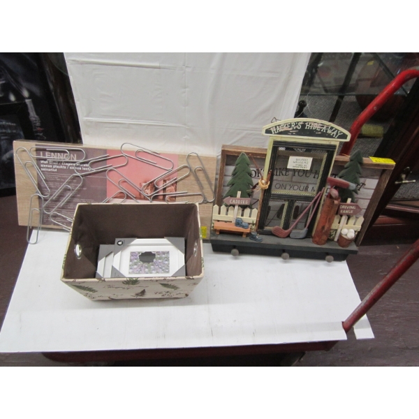 MISC. SIGNS, SHELF, DECORATIVE GOLFING COAT RACK, ETC.