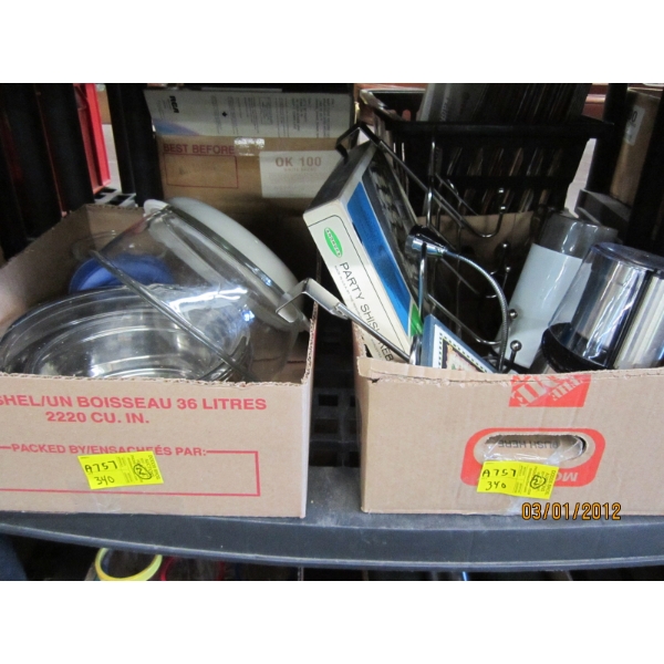 2 FLATS OF BAKING DISHES, COFFEE GRINDER, ETC.