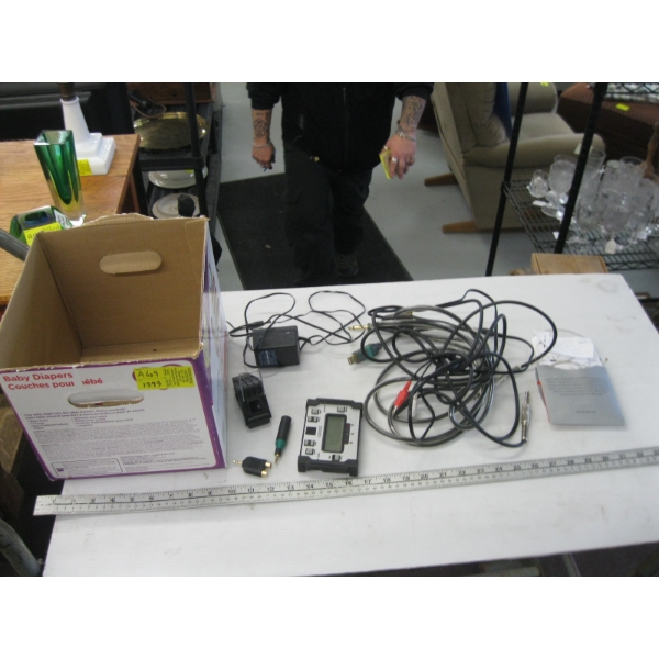 BOX OF ASST. GUITAR ELECTRONICS - SEIKO TUNER, CABLES, ETC.