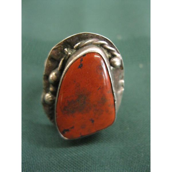 SILVER RING W/RED CORAL STONE, SZ 14