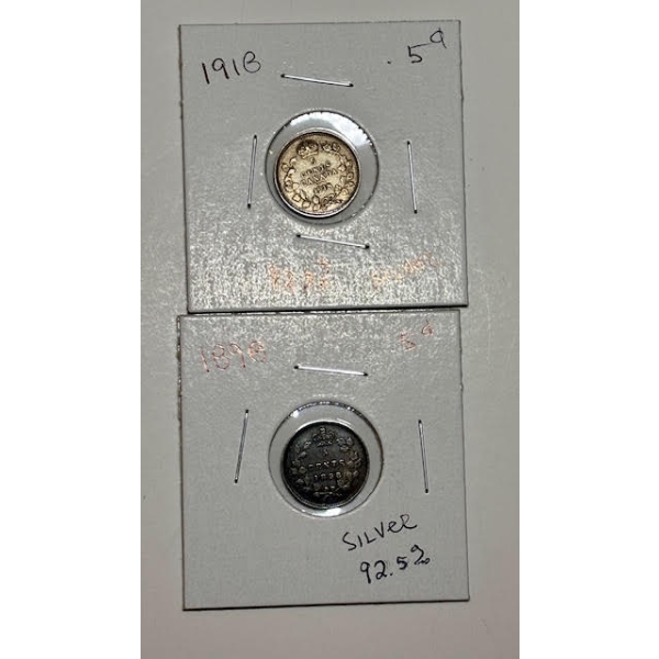 1898 & 1918 .925 SILVER CDN 5 CENT COINS