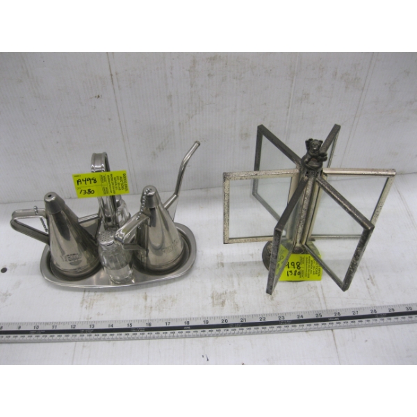 METAL & GLASS CRUET SET & A DECORATIVE SPINNING PICTURE FRAME W/BEAR ON TOP