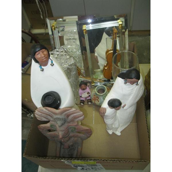 MISC. FIGURINES, CRYSTAL DECANTER, MINI VIOLINS, ETC.