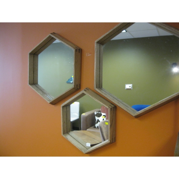 3 PIECE WOOD FRAMED HEXAGON MIRROR SET