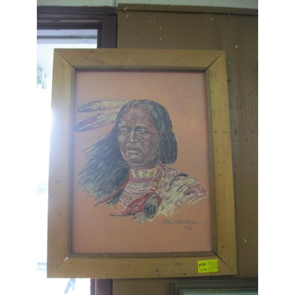 FRAMED ORIGINAL PAINTING BY EMMEL ANDERSON, 1976, OF NATIVE WARRIOR