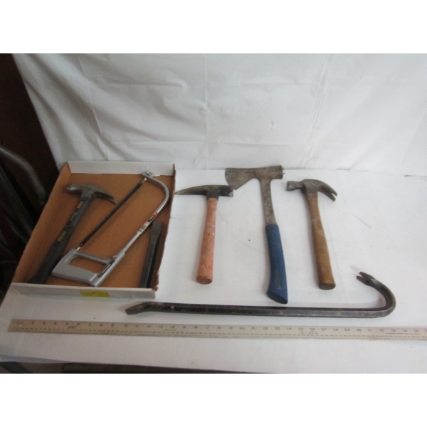 FLAT OF MISC. HAMMERS, HATCHET, PRYBAR, ETC.