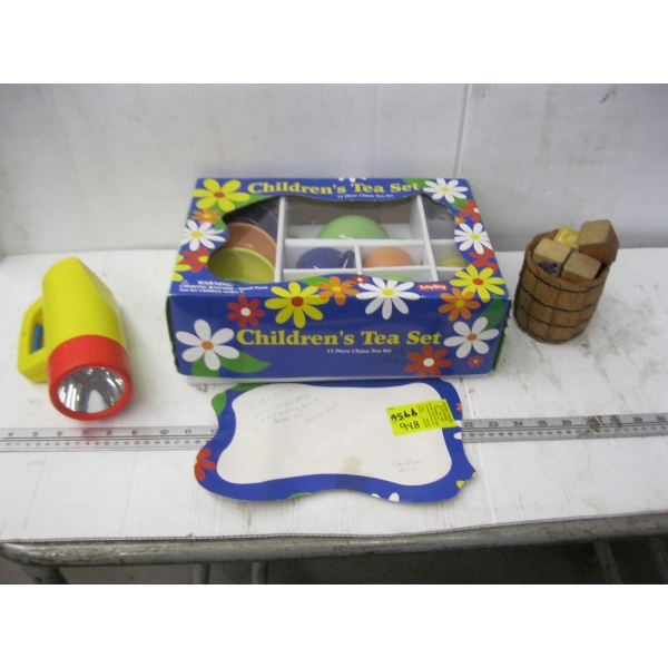 COLLECTABLE WOODEN BLOCKS, CHILDs TEA SET, PLAYSCHOOL FLASHLIGHT, ETC.